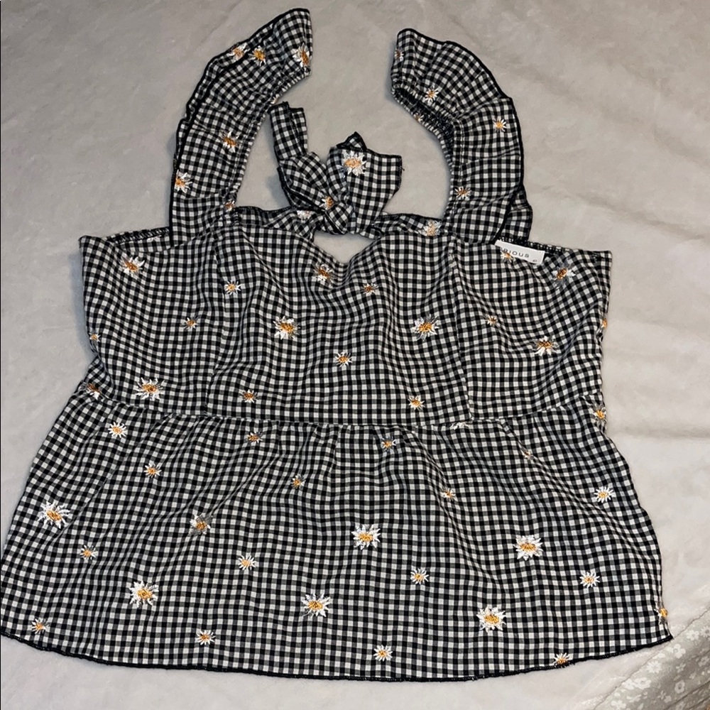 Gingham Black and White Blouse with Floral Accents